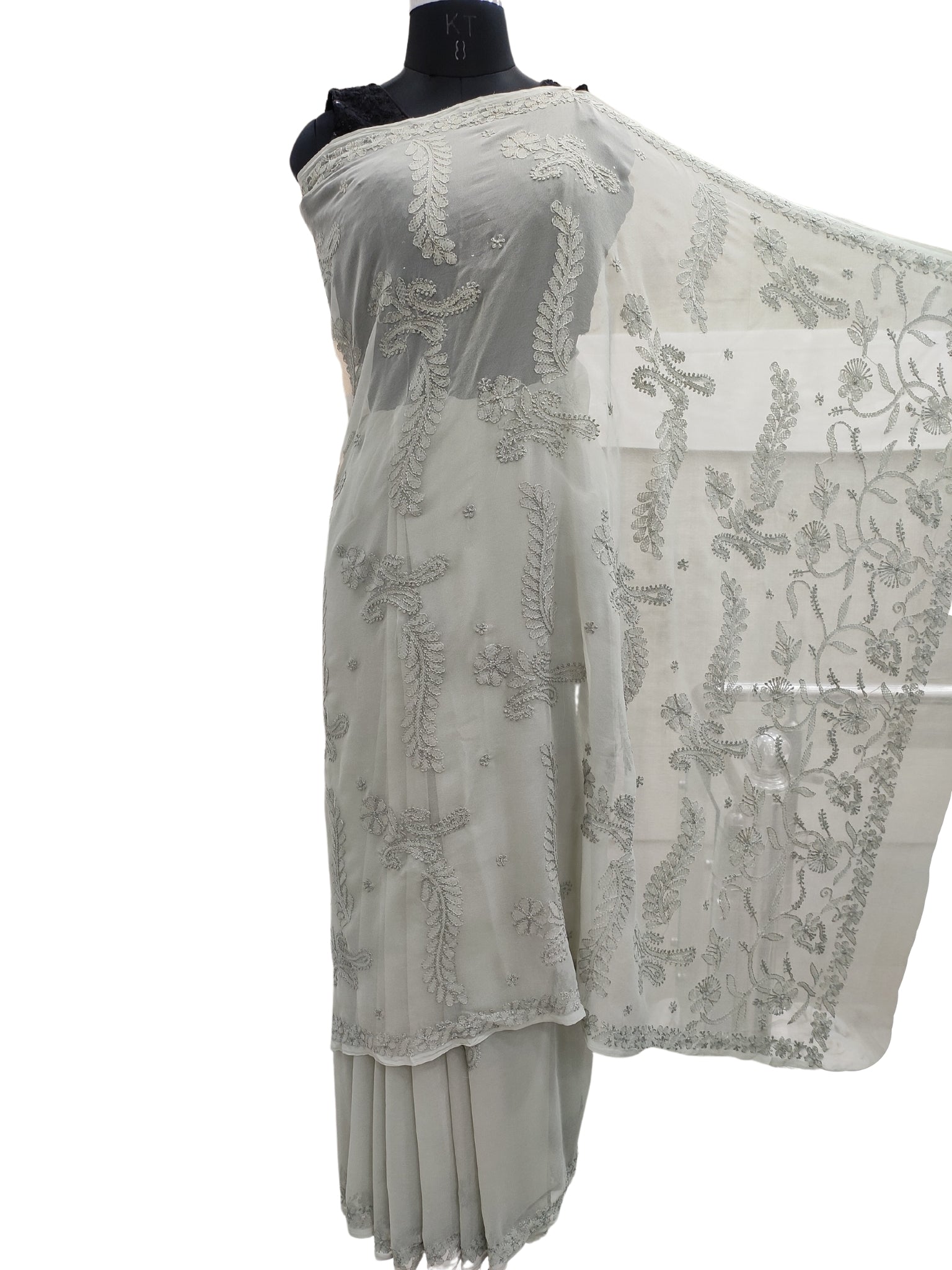 Shyamal Chikan Hand Embroidered Greenish Grey Georgette Lucknowi Chikankari Saree With Blouse Piece - S20254