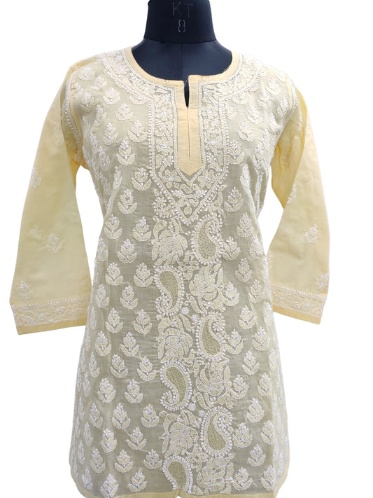 Shyamal Chikan Hand Embroidered Yellow Cotton Lucknowi Chikankari Short Top With Jaali Work- S21756