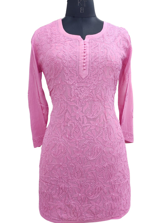 Shyamal Chikan Hand Embroidered Pink Viscose Georgette Lucknowi Chikankari Short Top 23573