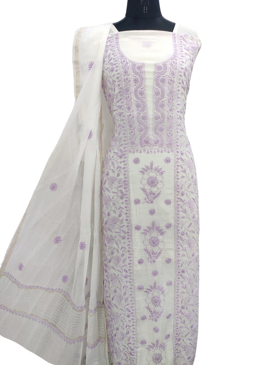 Shyamal Chikan Hand Embroidered White Mul Chanderi Lucknowi Chikankari Unstitched Suit Piece (Kurta Dupatta Set) - 23710