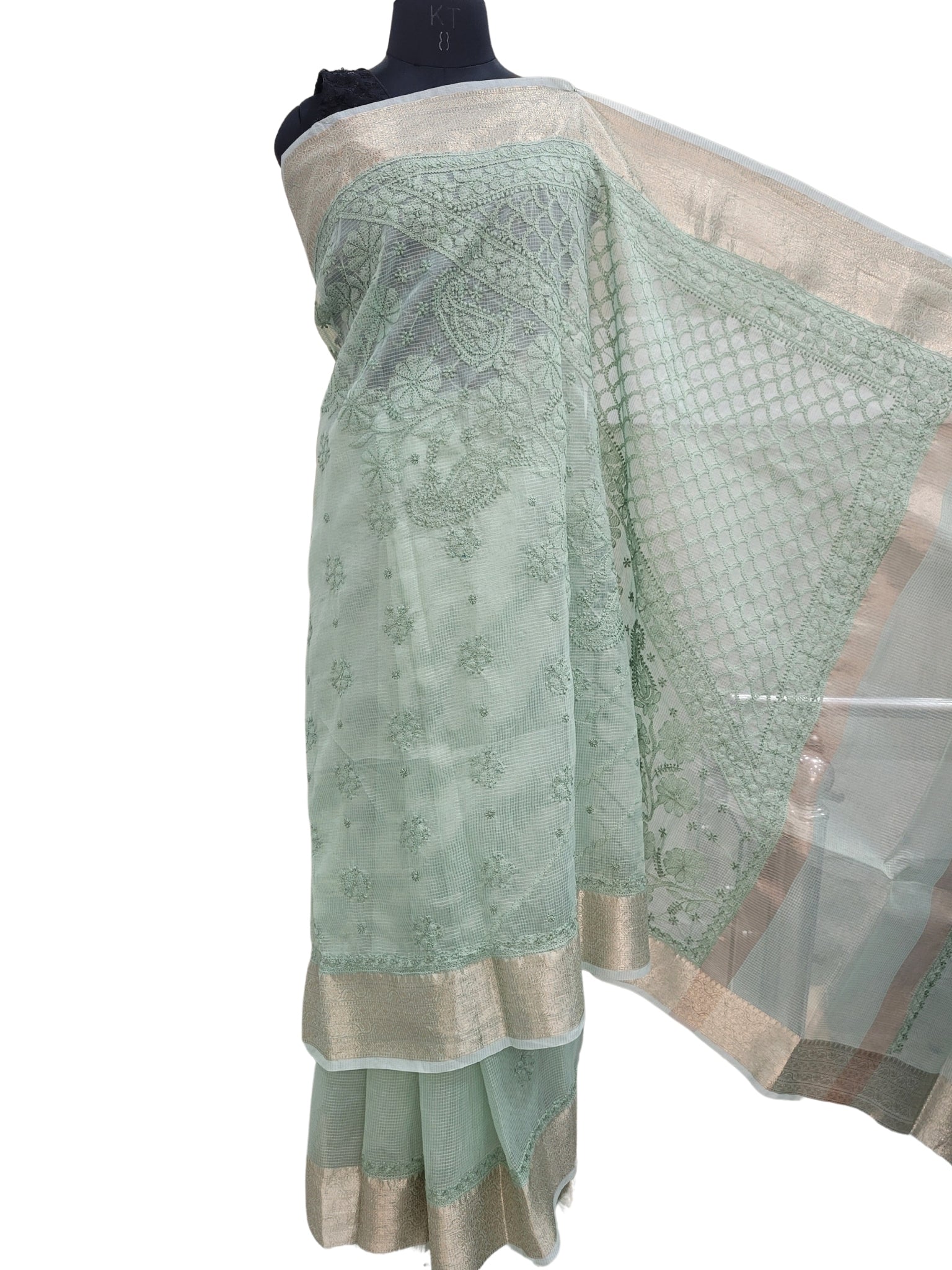 Shyamal Chikan Hand Embroidered Green Tissue Lenin Lucknowi Chikankari Saree With Blouse Piece - S24351