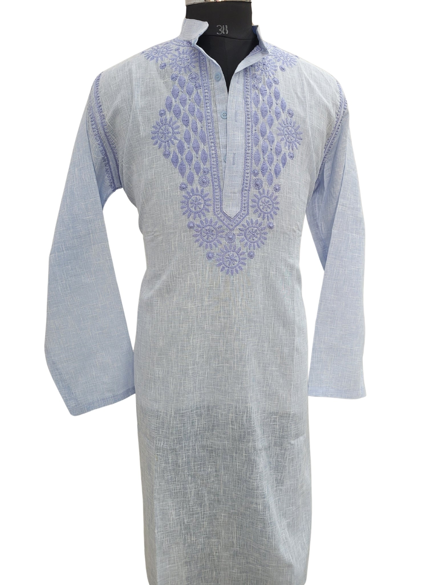 Shyamal Chikan Hand Embroidered Blue Cotton Lucknowi Chikankari Men's Kurta - S25187