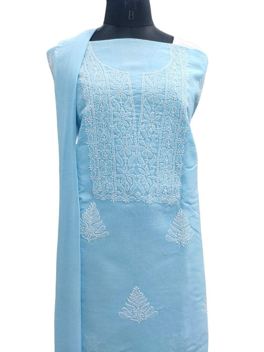 Shyamal Chikan Hand Embroidered Blue Cotton Lucknowi Chikankari Unstitched Suit Piece - S24761