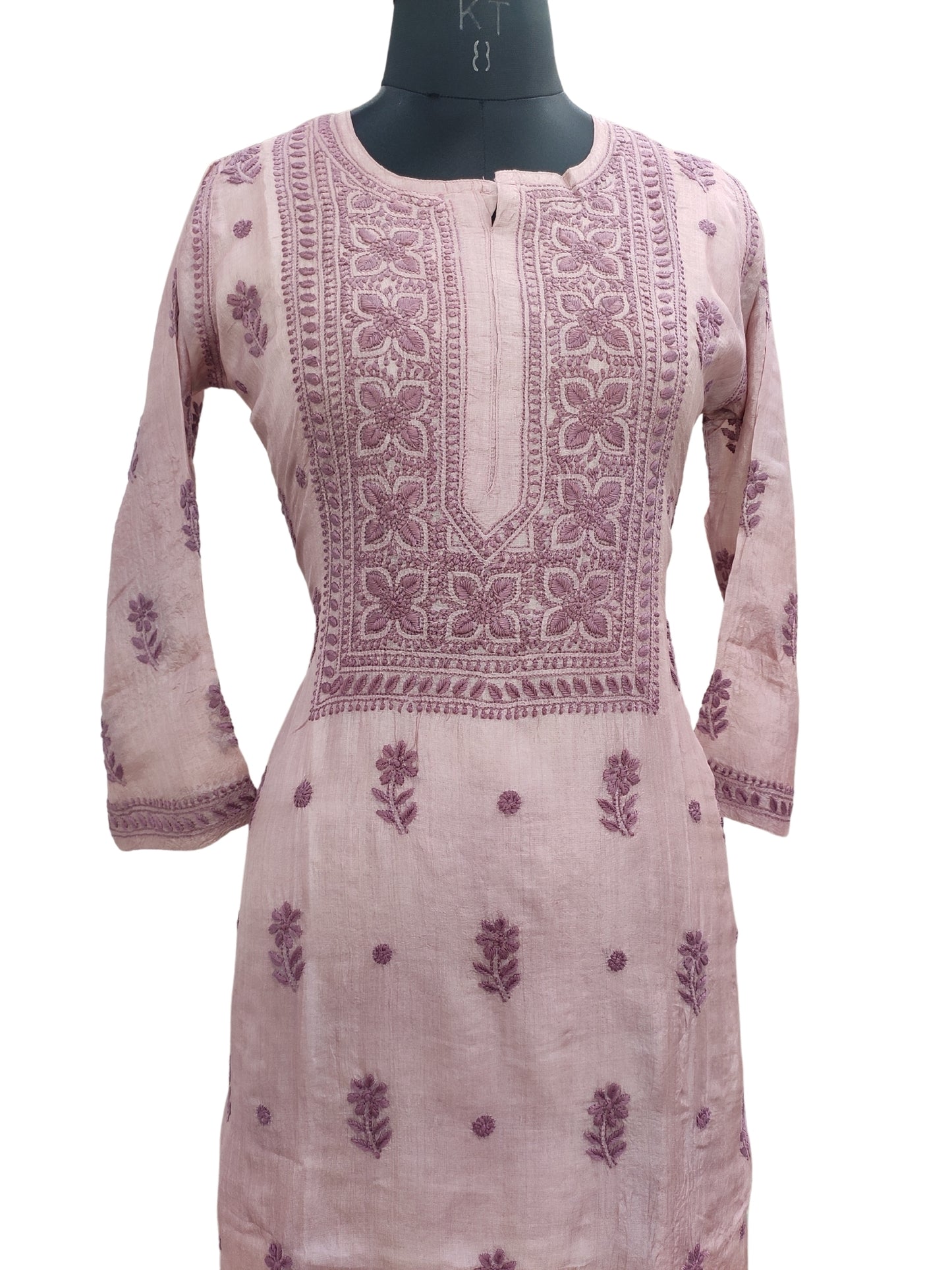 Shyamal Chikan Hand Embroidered Wine Pure Tusser Silk Lucknowi Chikankari Kurti- S24407