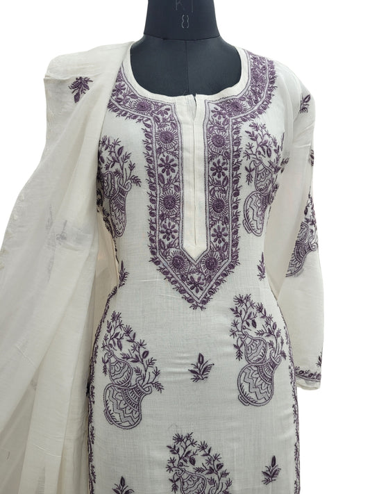 Shyamal Chikan Hand Embroidered White Mul Chanderi Lucknowi Chikankari semi stitched Suit Piece (Kurta Dupatta Set) - S25094