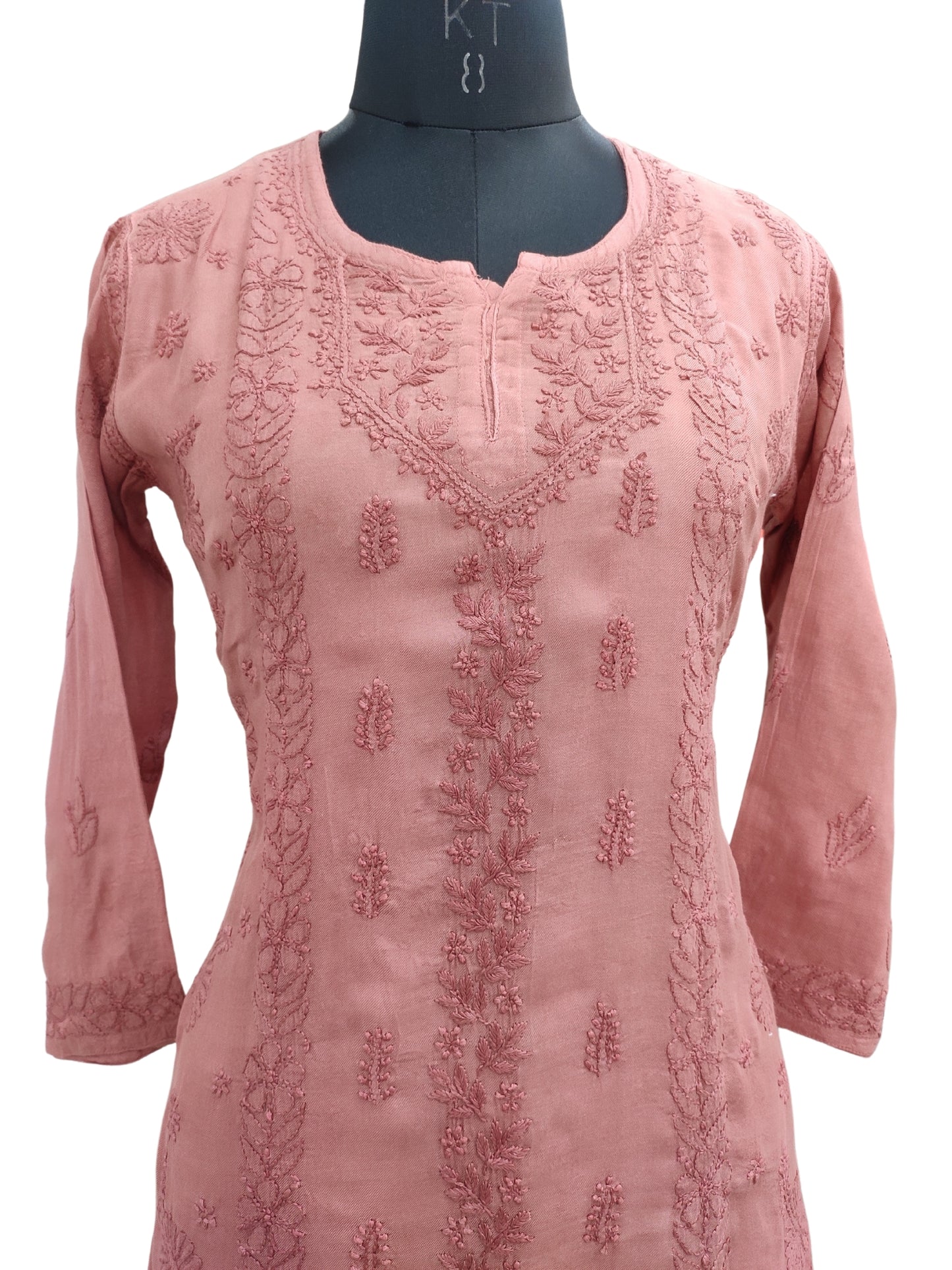 Shyamal Chikan Hand Embroidered Red Pure Cotton Lucknowi Chikankari Short Top - S25481