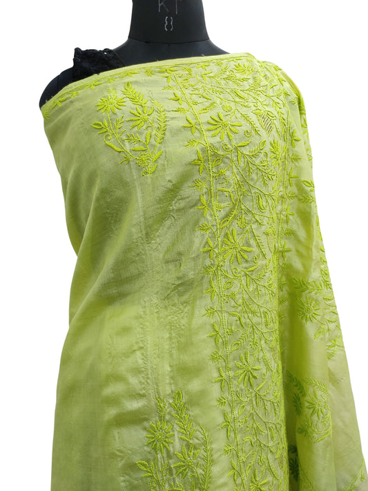 Shyamal Chikan Hand Embroidered Green Tusser Silk Lucknowi Chikankari Saree With Blouse Piece- S22440