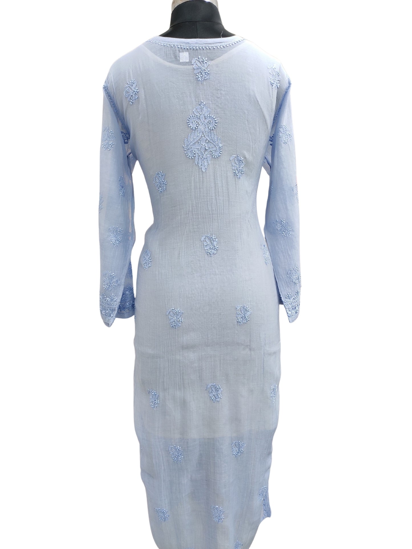 Shyamal Chikan Hand Embroidered Blue Mul Chanderi Lucknowi Chikankari Kurti - S24881