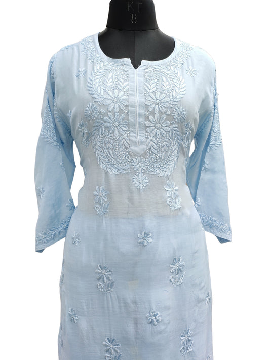 Shyamal Chikan Hand Embroidered Blue Muslin Lucknowi Chikankari Kurta and Bottom Set - S26238