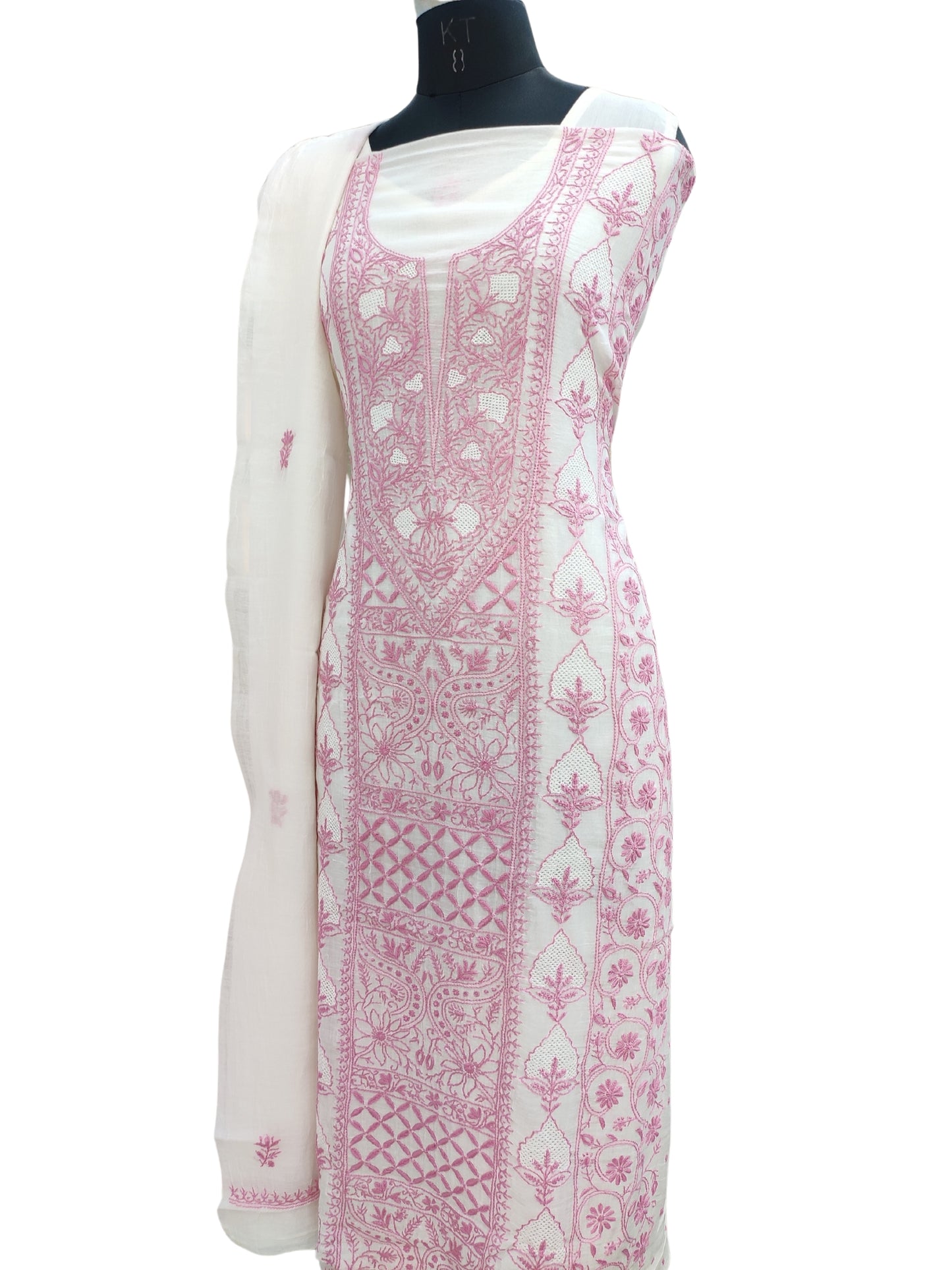 Shyamal Chikan Hand Embroidered White Mul Chanderi Lucknowi Chikankari Unstitched Suit Piece (Kurta Dupatta Set) - S24329