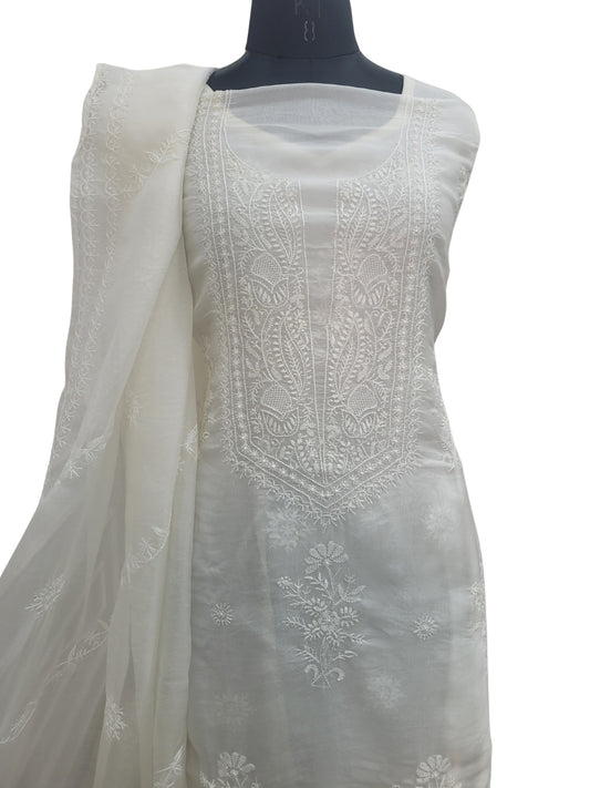 Shyamal Chikan Hand Embroidered White Organza Lucknowi Chikankari Unstitched Suit Piece (Kurta Dupatta Set)  - S24987