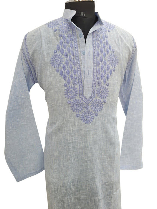 Shyamal Chikan Hand Embroidered Blue Cotton Lucknowi Chikankari Men's Kurta - S25187