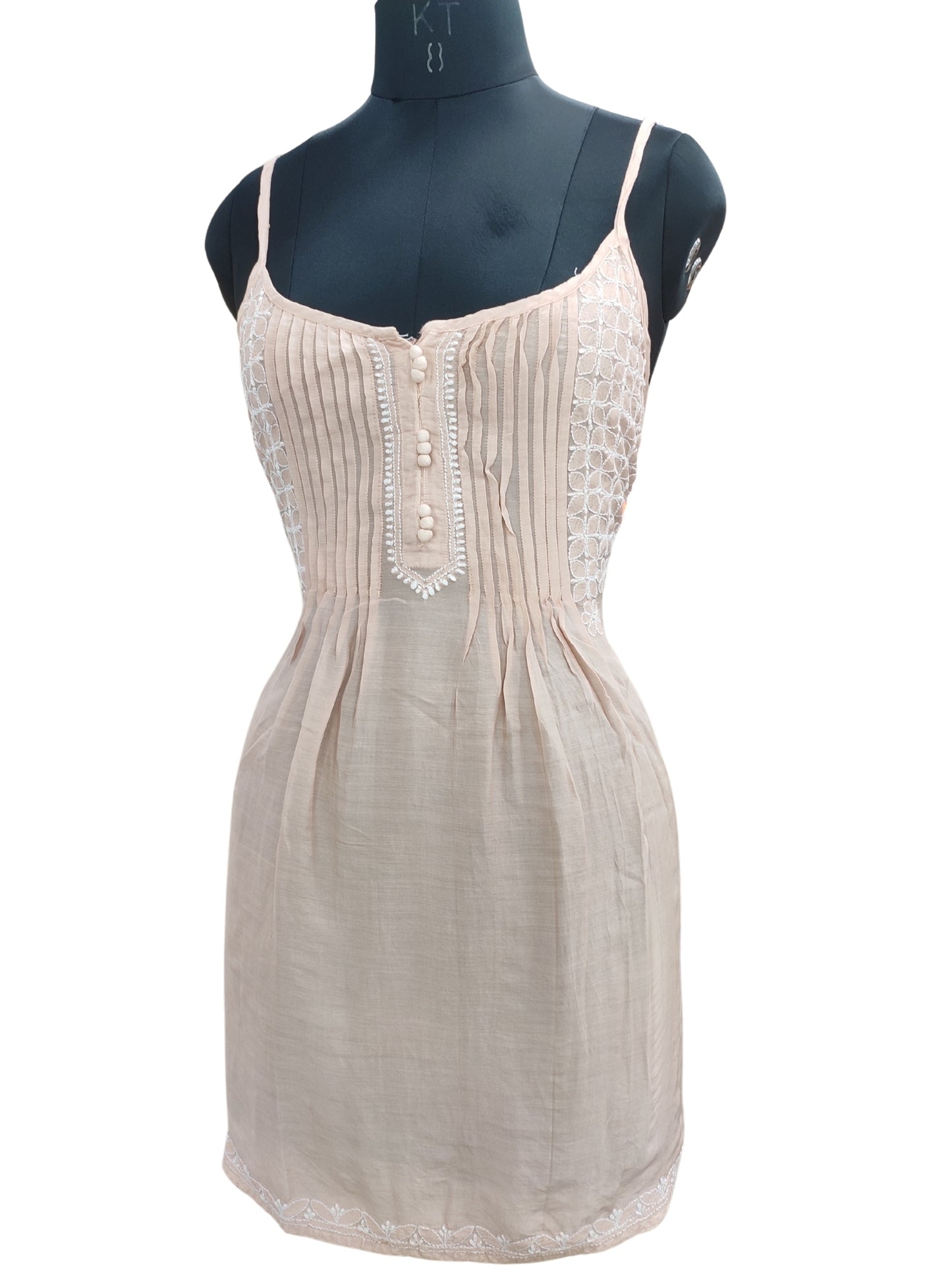 Shyamal Chikan Hand Embroidered Beige Muslin Noodle Strap Lucknowi Chikankari Short Top - S25522