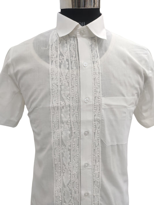 Shyamal Chikan Hand Embroidered White Cotton Lucknowi Chikankari Men's Shirt With Daraz Work – S26843