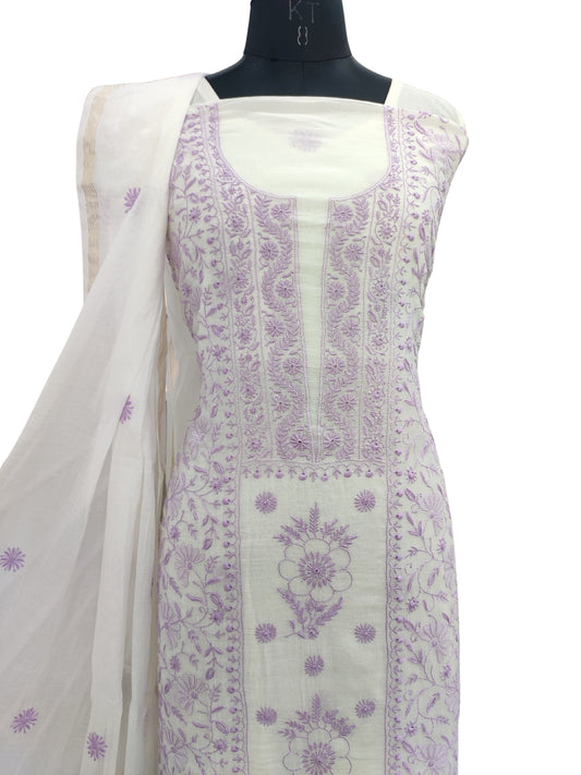 Shyamal Chikan Hand Embroidered White Mul Chanderi Lucknowi Chikankari Unstitched Suit Piece (Kurta Dupatta Set) - S23710