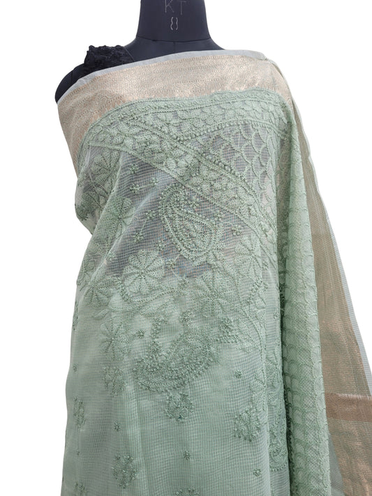 Shyamal Chikan Hand Embroidered Green Tissue Lenin Lucknowi Chikankari Saree With Blouse Piece - S24351