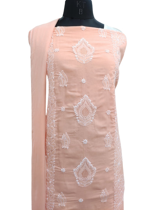 Shyamal Chikan Hand Embroidered Peach Cotton Lucknowi Chikankari Unstitched Suit Piece With Jaali Work - S25286