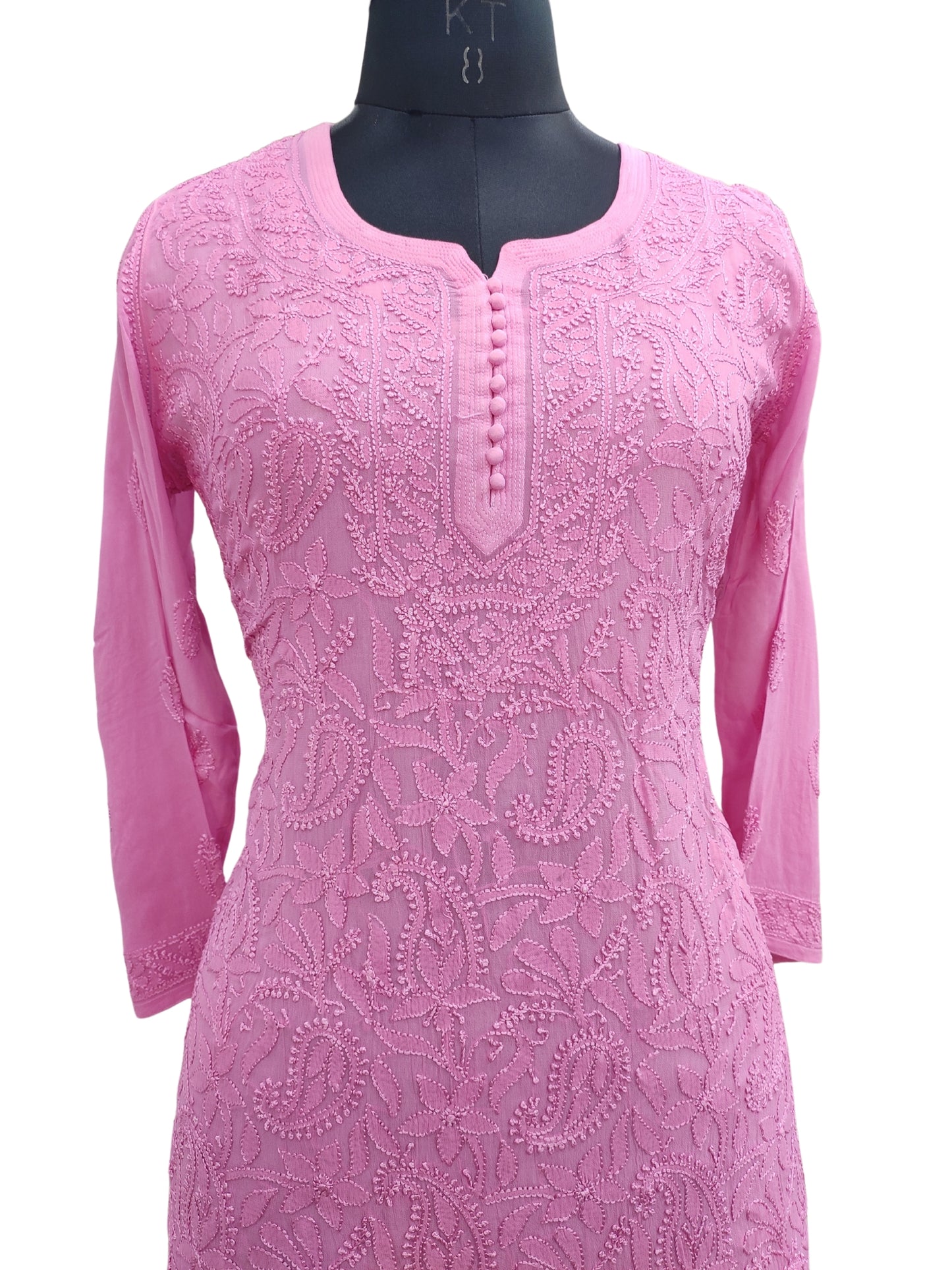 Shyamal Chikan Hand Embroidered Pink Viscose Georgette Lucknowi Chikankari Short Top 23573