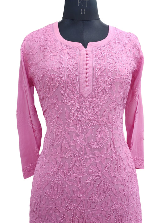 Shyamal Chikan Hand Embroidered Pink Viscose Georgette Lucknowi Chikankari Short Top - S23573