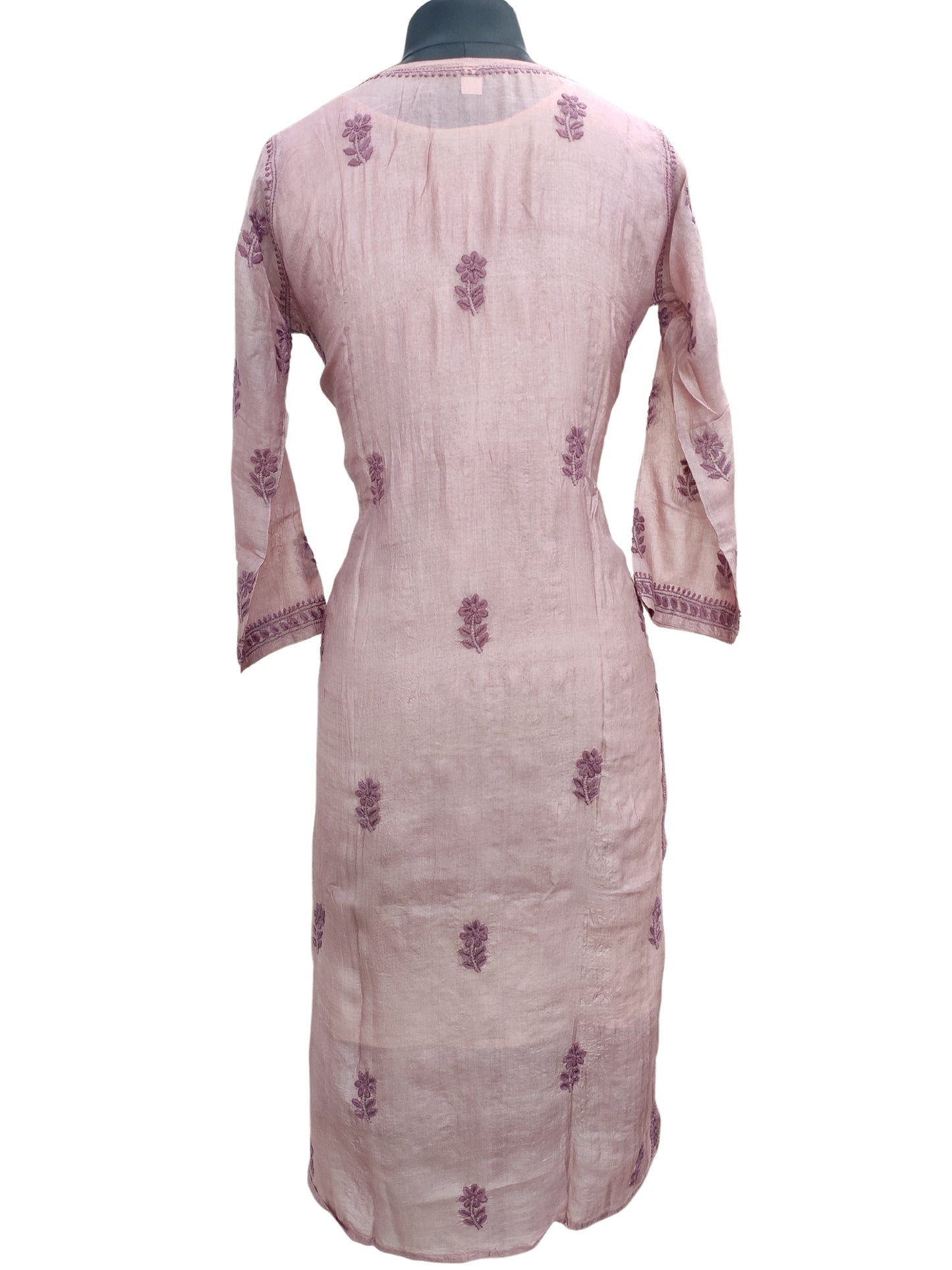 Shyamal Chikan Hand Embroidered Wine Pure Tusser Silk Lucknowi Chikankari Kurti- S24407