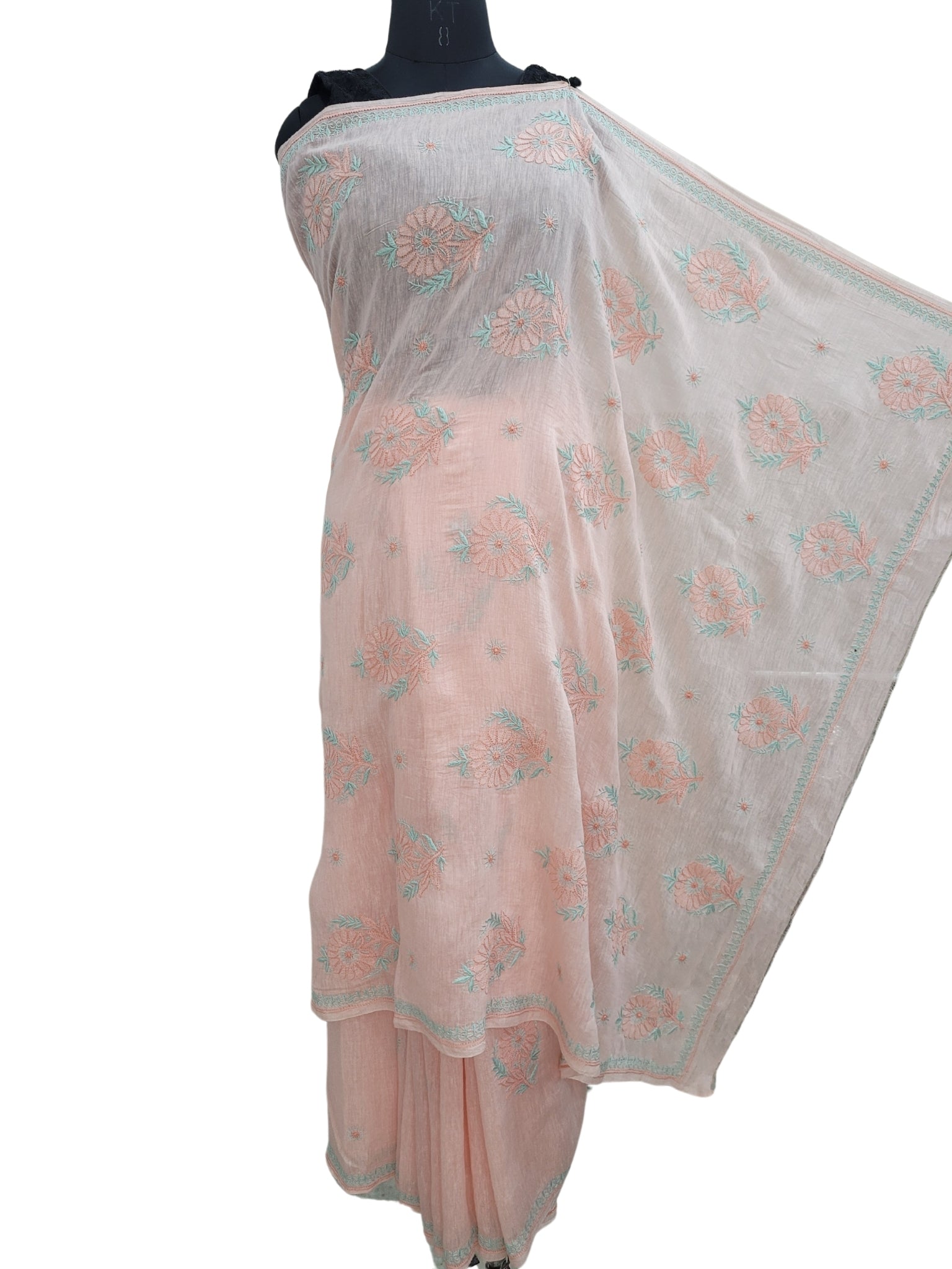 Shyamal Chikan Hand Embroidered Peach Pure Lenin Lucknowi Chikankari Saree With Blouse Piece- S24056