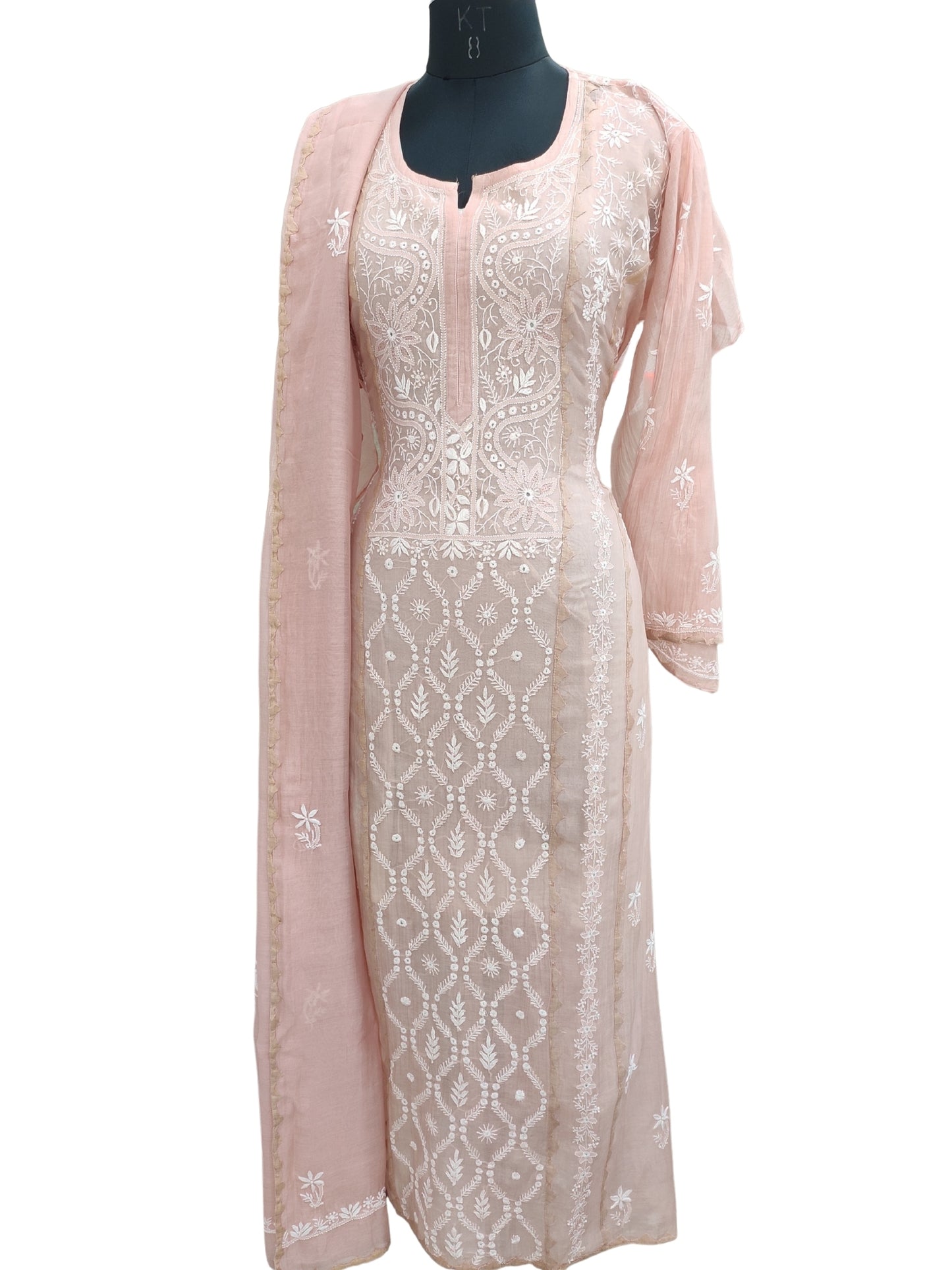 Shyamal Chikan Hand Embroidered Peach Mul Chanderi Lucknowi Chikankari semi stitched Suit Piece With Daraz Work (Kurta Dupatta Set) - S25084