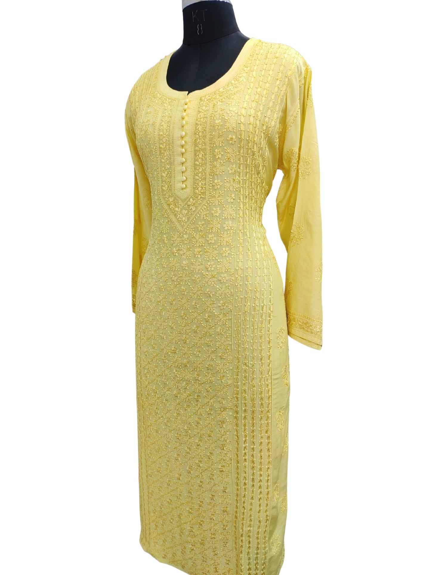 Shyamal Chikan Hand Embroidered Yellow Muslin Lucknowi Chikankari Kurti - S24233