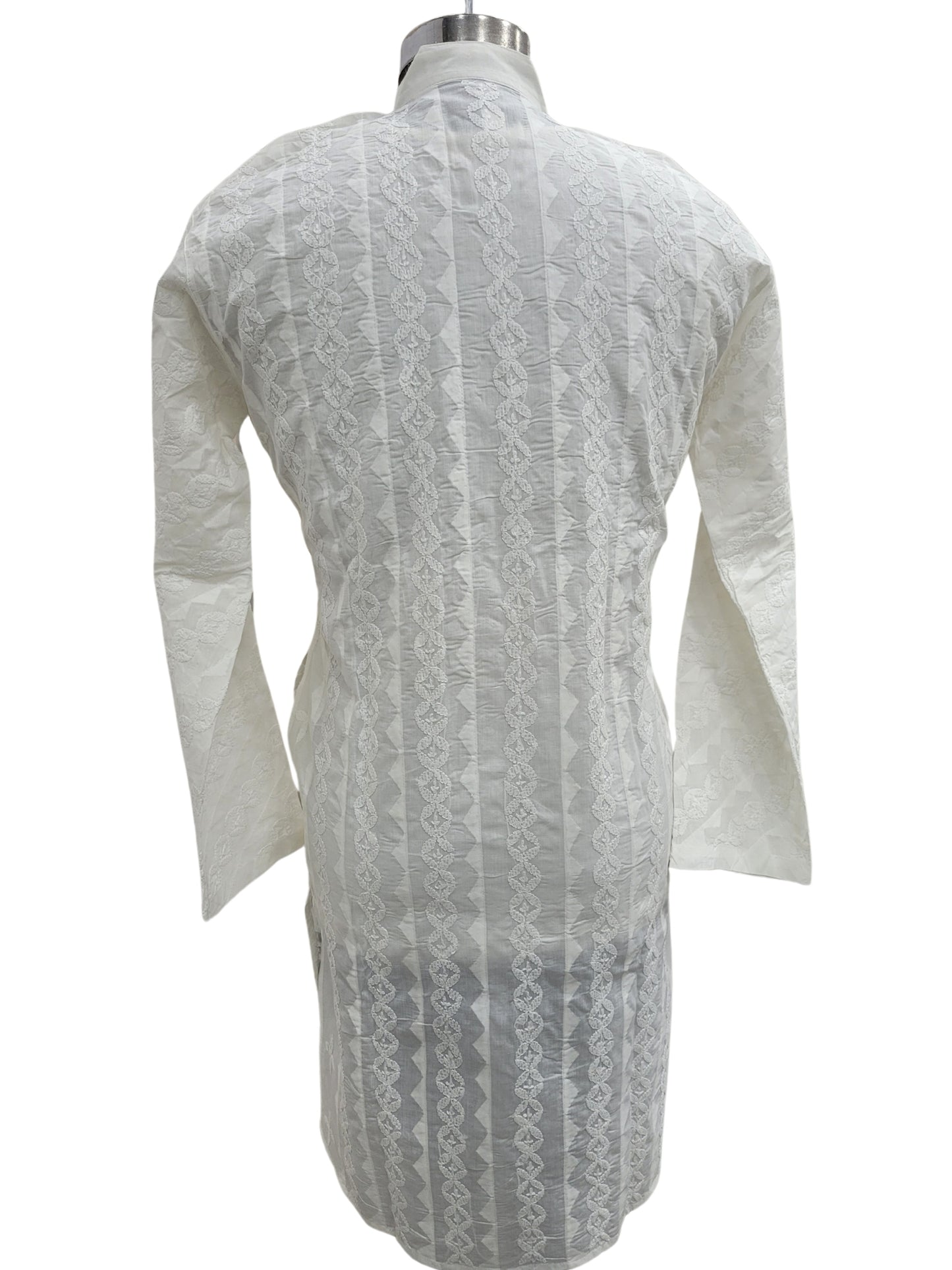 Shyamal Chikan Hand Embroidered White Cotton Lucknowi All-Over Chikankari Men's Kurta with Daraz Work – S25154