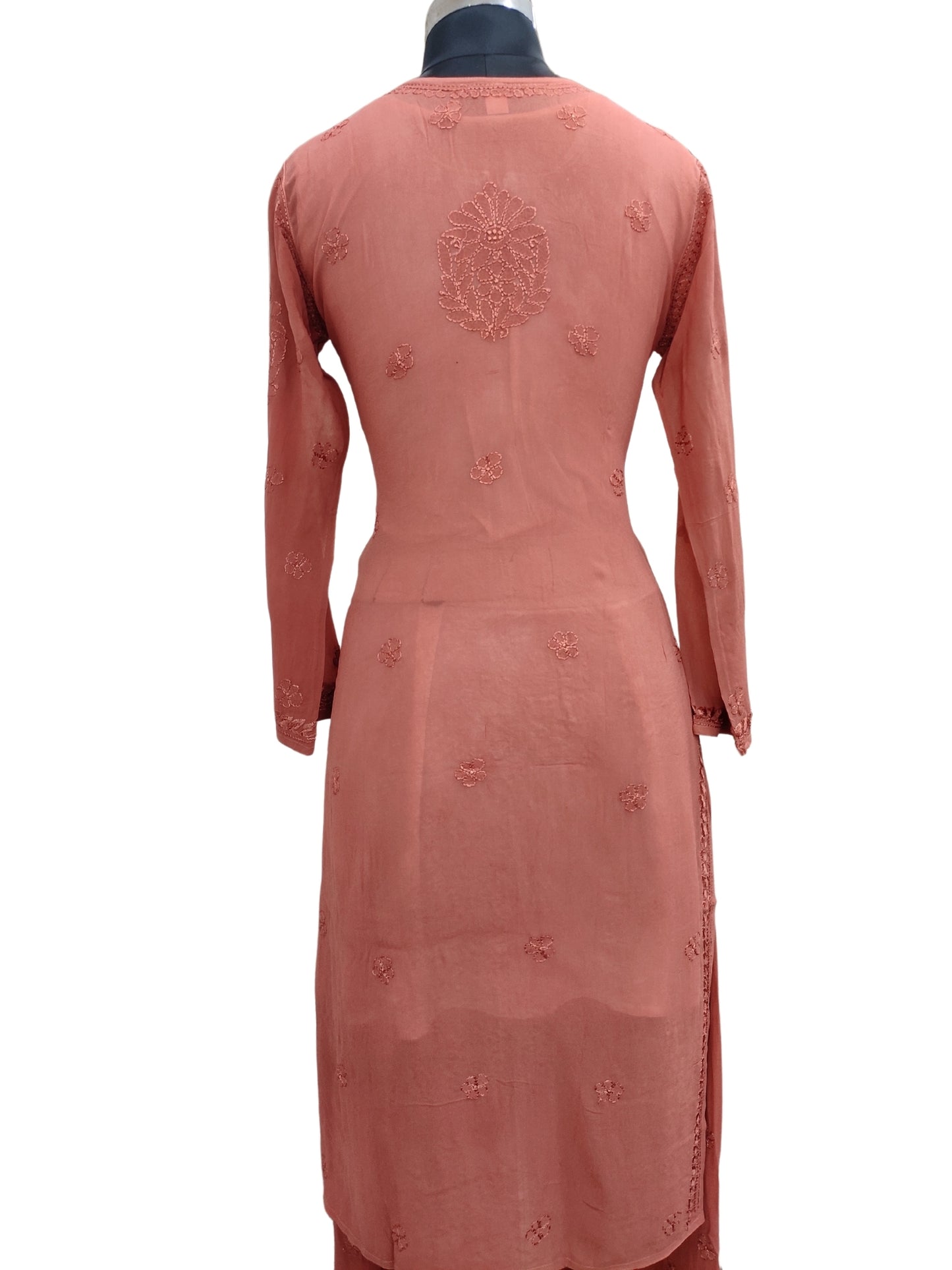 Shyamal Chikan Hand Embroidered Copper Viscose Georgette Lucknowi Chikankari Kurta and Bottom Set - 23674