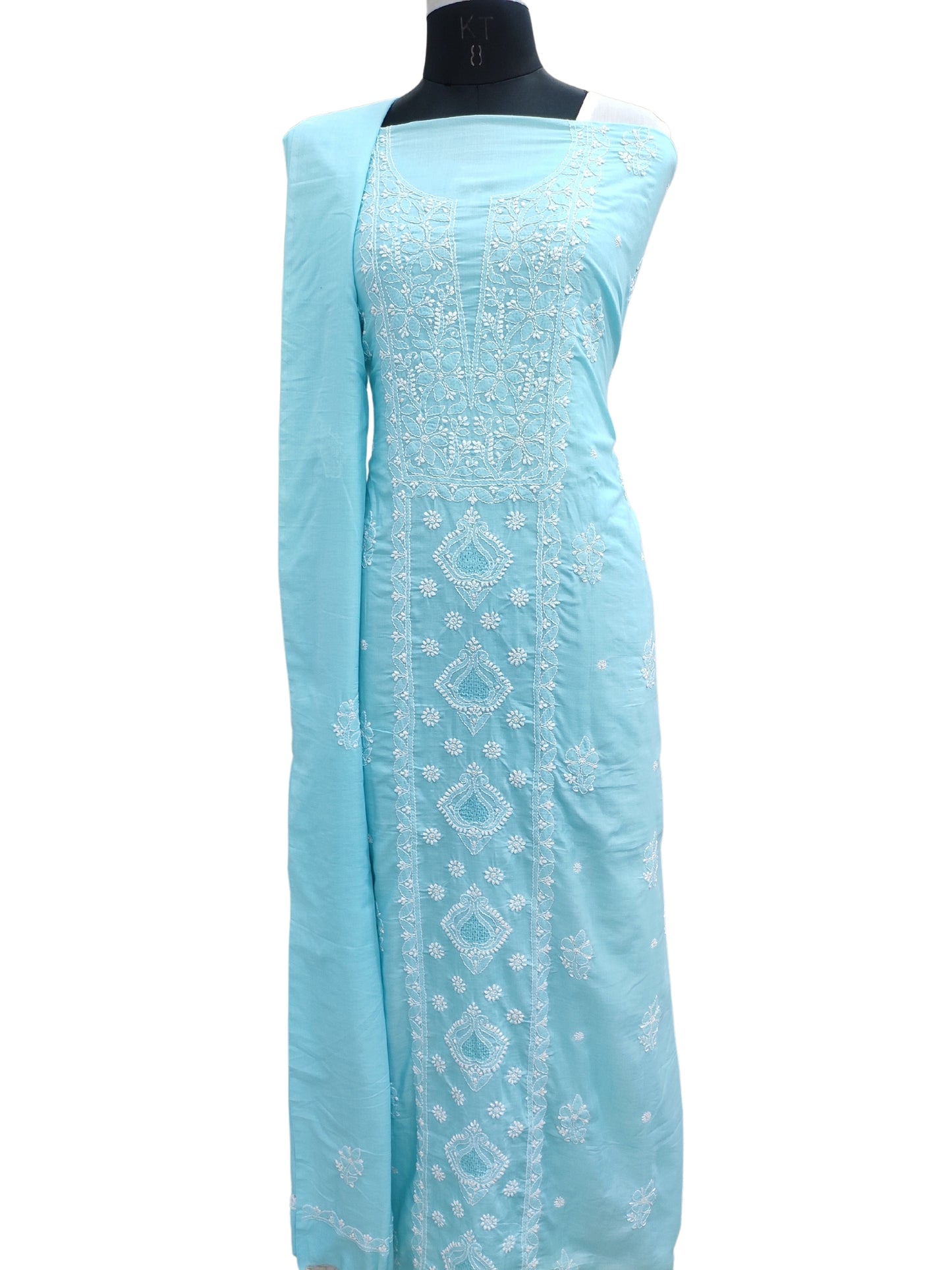 Shyamal Chikan Hand Embroidered Blue Cotton Lucknowi Chikankari Unstitched Suit Piece With Cotton Dupatta & Jaali Work - S25290