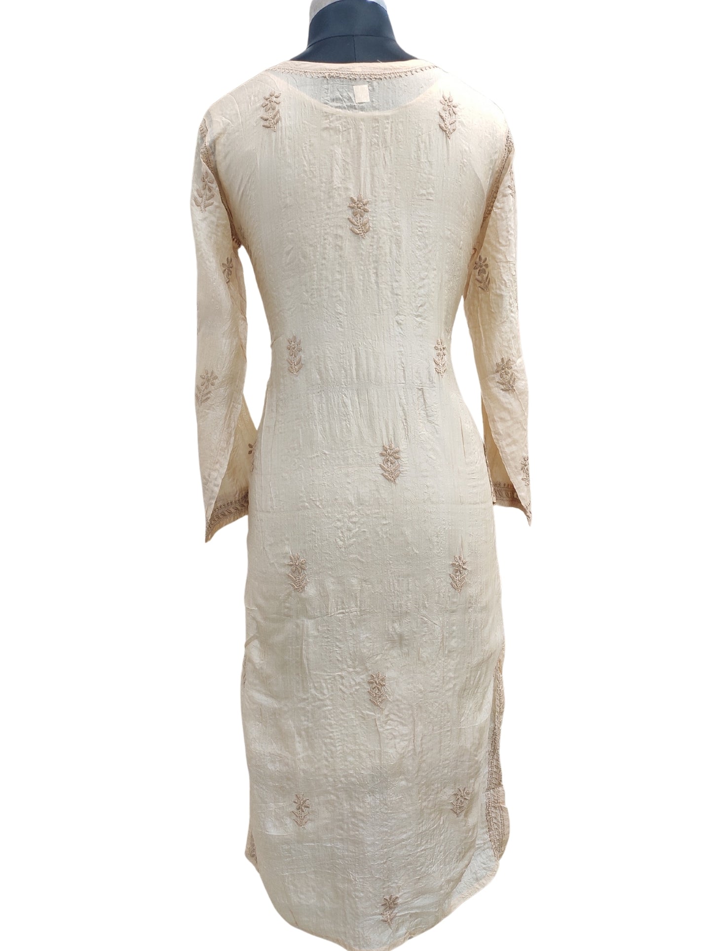 Shyamal Chikan Hand Embroidered Beige Pure Tusser Silk Lucknowi Chikankari Kurti- S24404