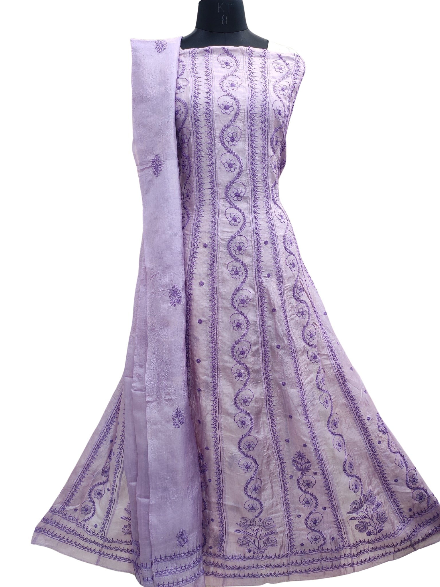 Shyamal Chikan Hand Embroidered Lavender Pure Tusser Silk Lucknowi Chikankari Semi-Stitched Anarkali - S22012