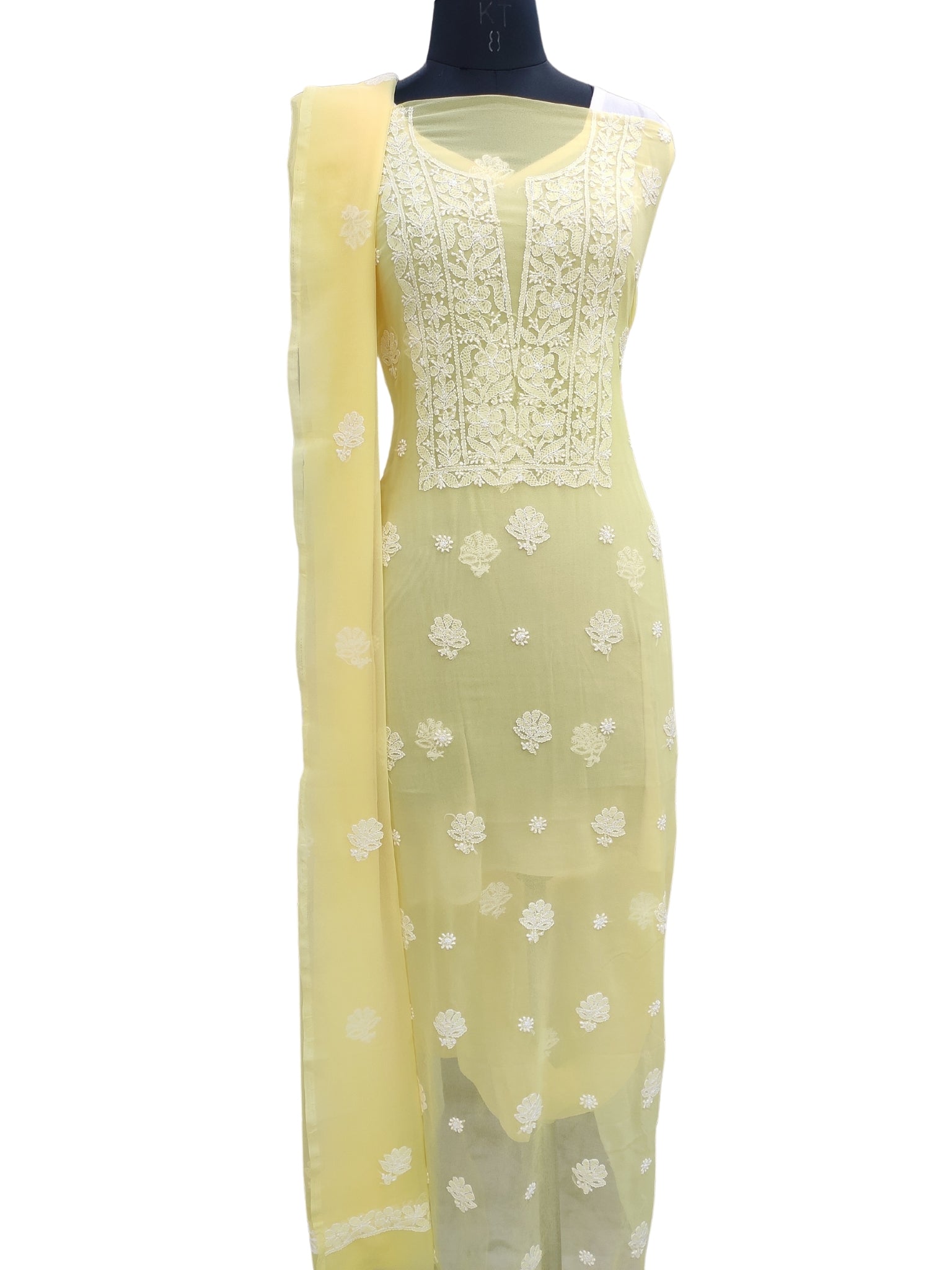 Shyamal Chikan Hand Embroidered Yellow Georgette Lucknowi Chikankari Unstitched Suit Piece - 24008