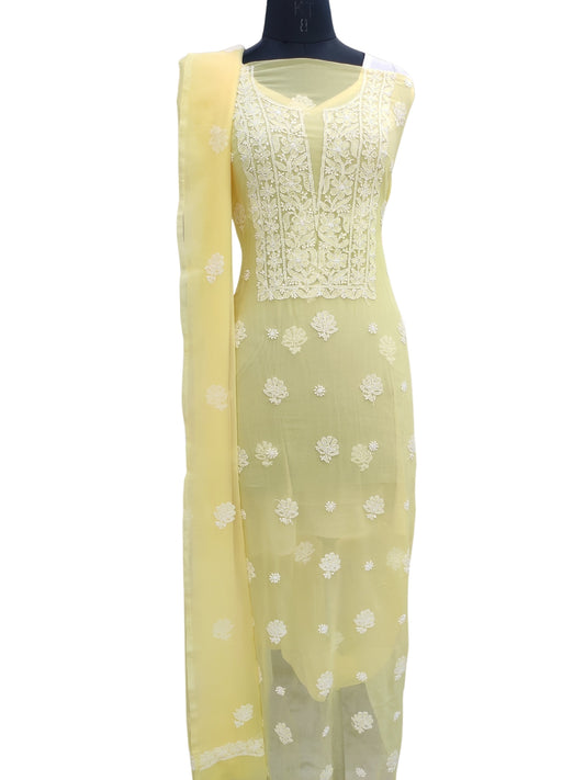 Shyamal Chikan Hand Embroidered Yellow Georgette Lucknowi Chikankari Unstitched Suit Piece - 24008