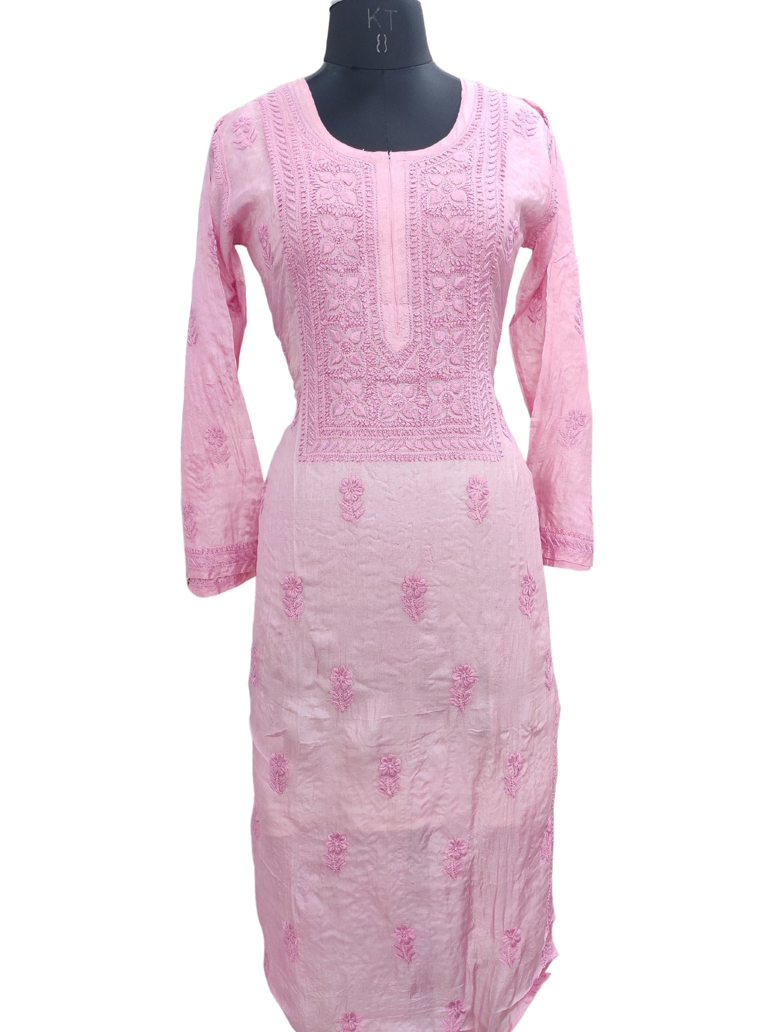 Shyamal Chikan Hand Embroidered Pink Pure Tusser Silk Lucknowi Chikankari Kurti- S24408