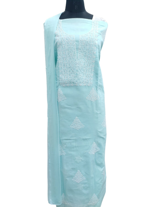 Shyamal Chikan Hand Embroidered Blue Cotton Lucknowi Chikankari Unstitched Suit Piece - S24755