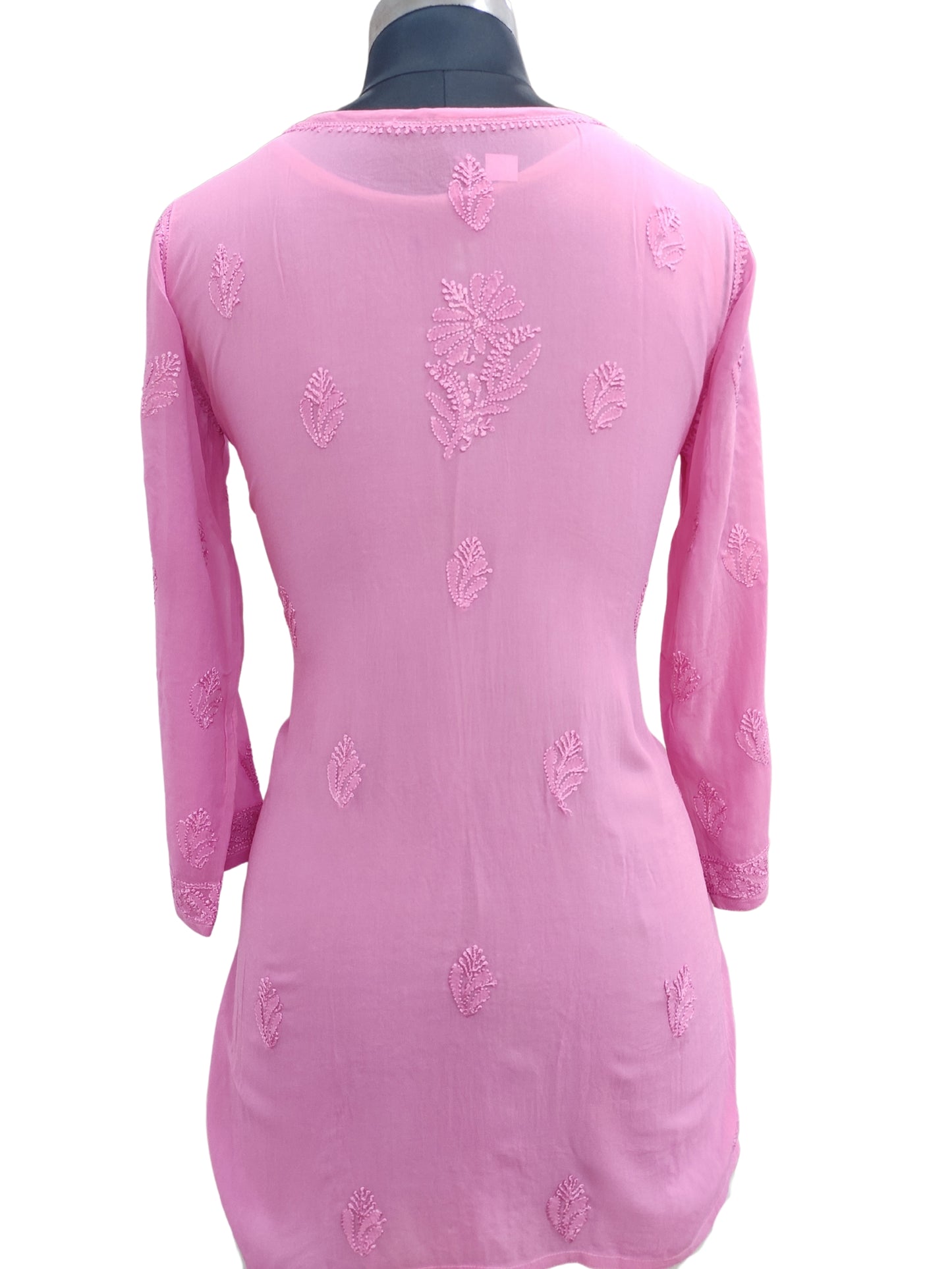 Shyamal Chikan Hand Embroidered Pink Viscose Georgette Lucknowi Chikankari Short Top 23573