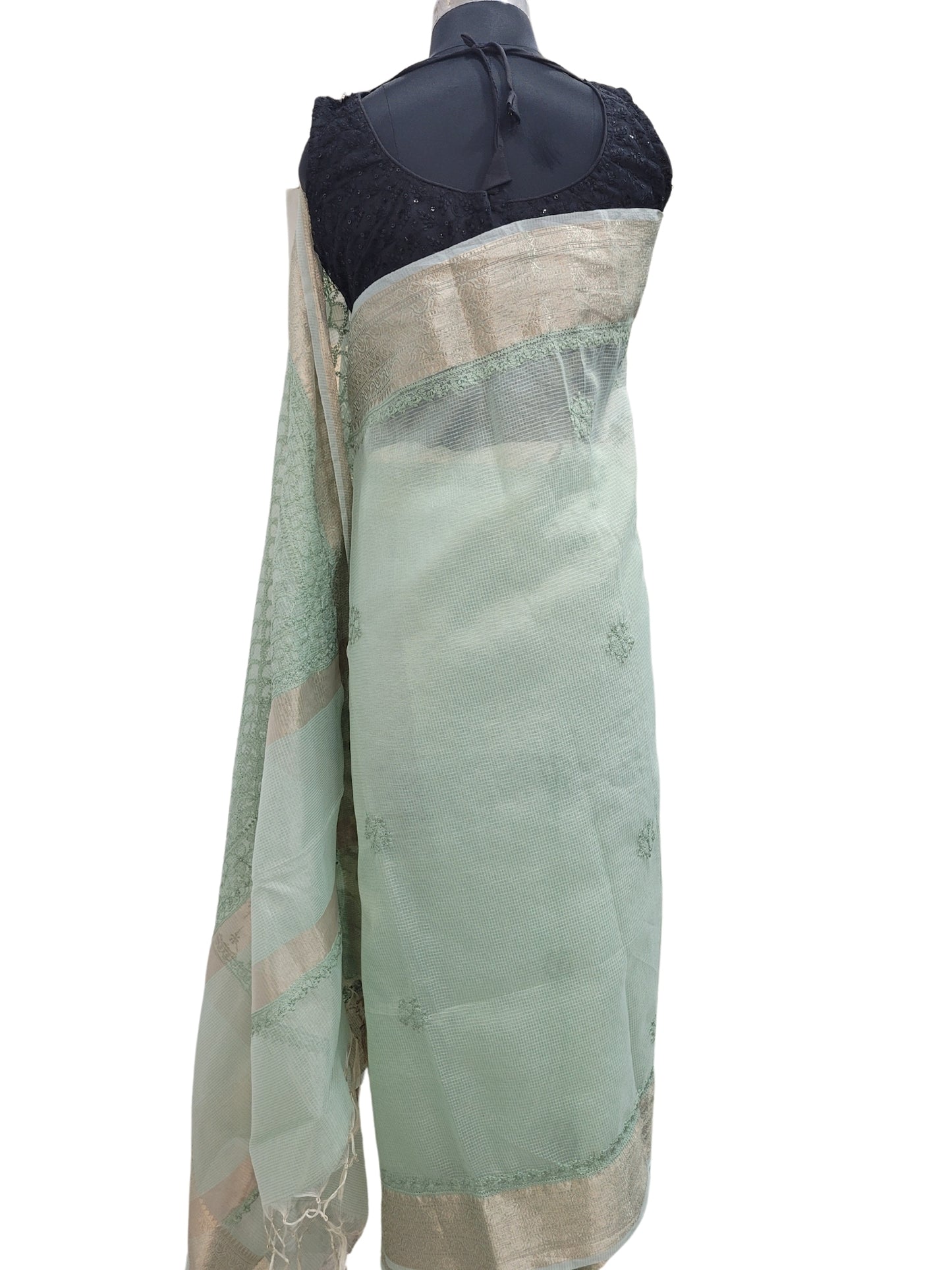 Shyamal Chikan Hand Embroidered Green Tissue Lenin Lucknowi Chikankari Saree With Blouse Piece - S24351