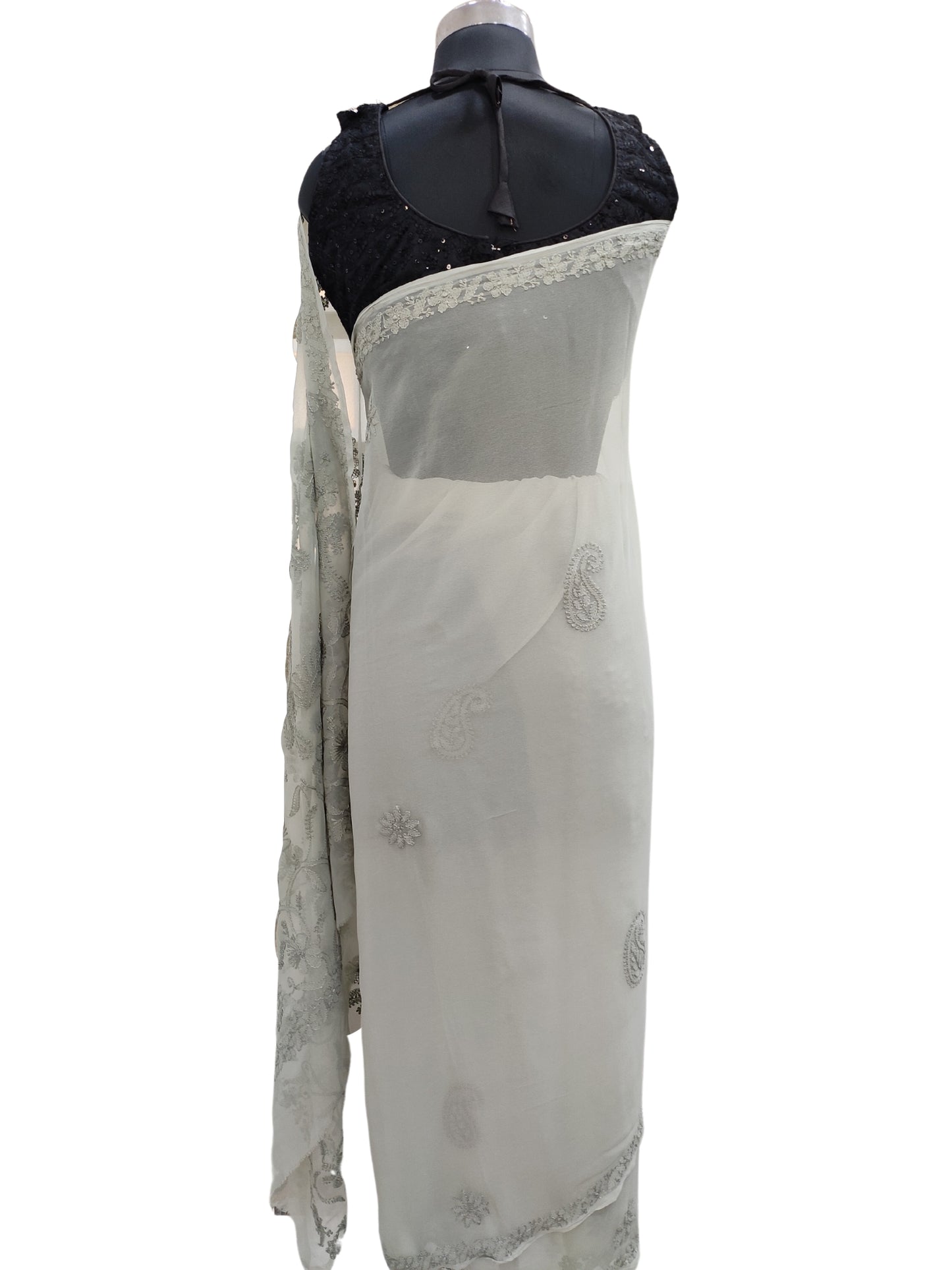 Shyamal Chikan Hand Embroidered Greenish Grey Georgette Lucknowi Chikankari Saree With Blouse Piece - S20254