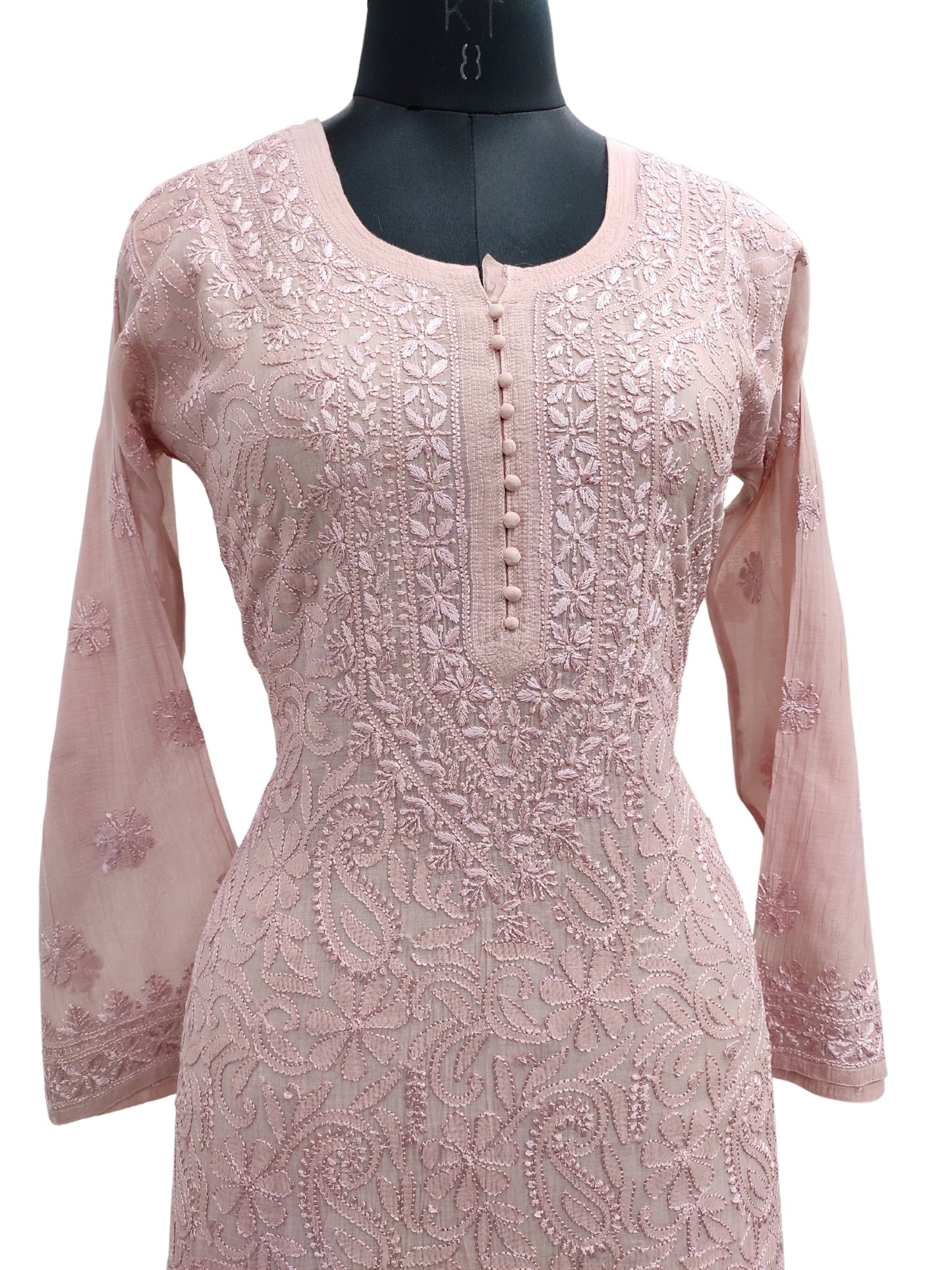 Shyamal Chikan Hand Embroidered Peach Mul Chanderi Lucknowi Chikankari Kurti - S24708