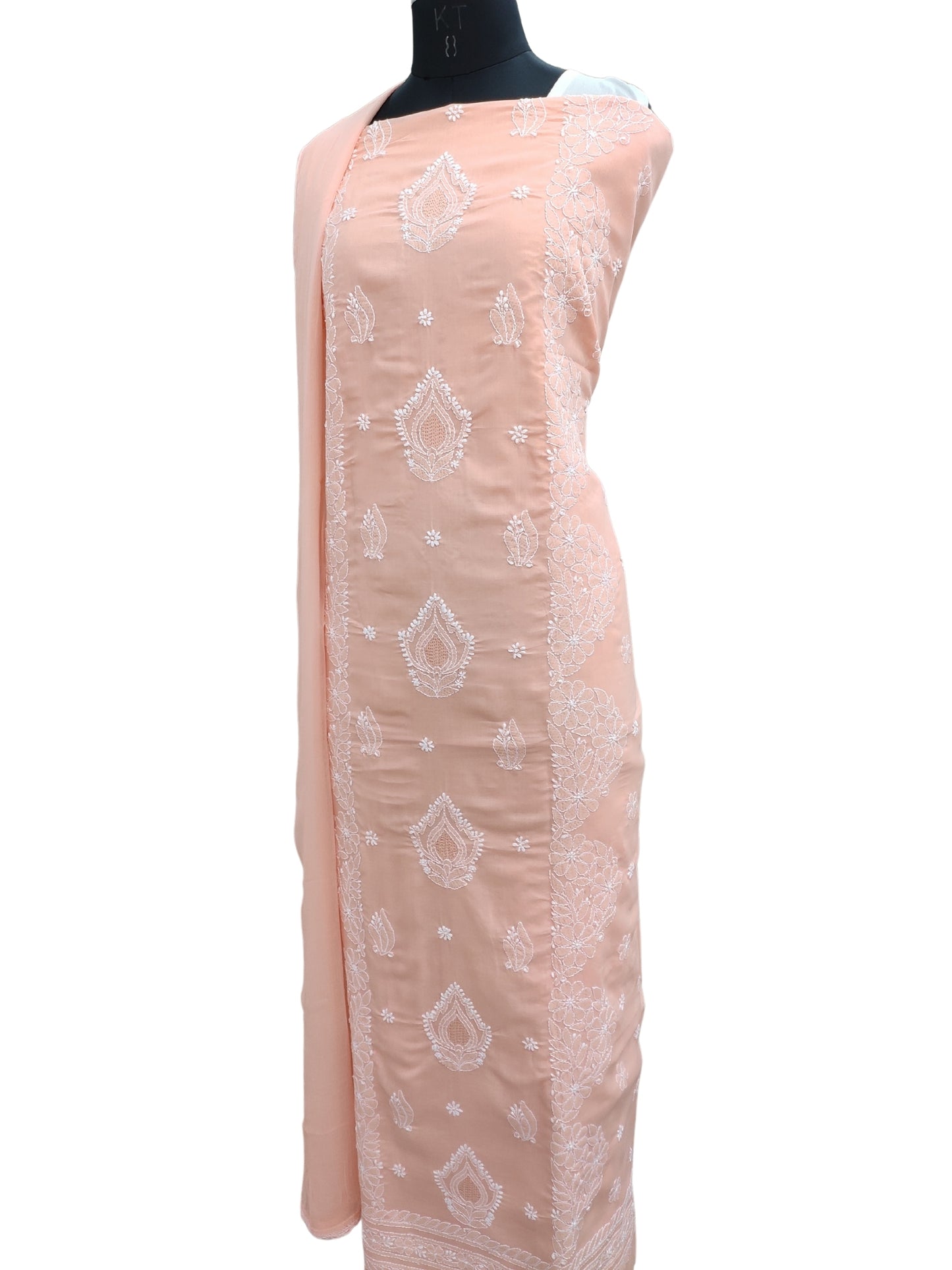 Shyamal Chikan Hand Embroidered Peach Cotton Lucknowi Chikankari Unstitched Suit Piece With Jaali Work - S25286