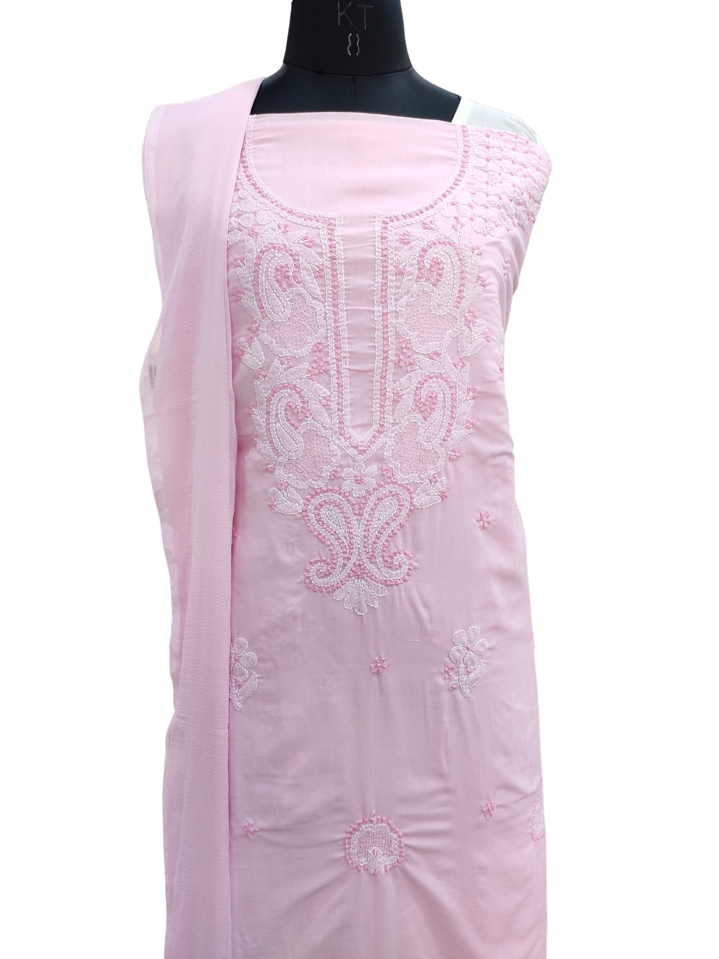 Shyamal Chikan Hand Embroidered Pink Cotton Lucknowi Chikankari Unstitched Suit Piece With Jaali Work - S25424