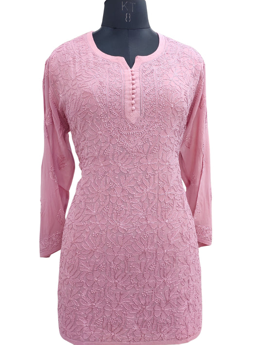 Shyamal Chikan Hand Embroidered Peach Viscose Georgette Lucknowi Chikankari Short Top 23570