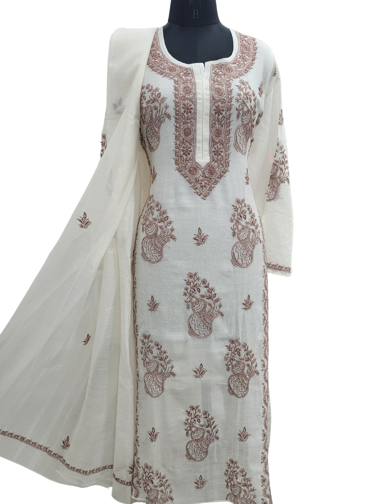 Shyamal Chikan Hand Embroidered White Mul Chanderi Lucknowi Chikankari semi stitched Suit Piece (Kurta Dupatta Set) - S25097