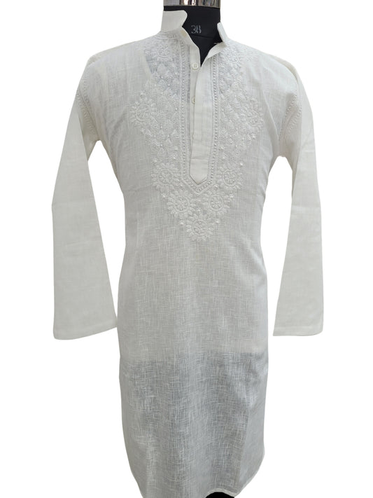 Shyamal Chikan Hand Embroidered White Cotton Lucknowi Chikankari Men's Kurta - S25178