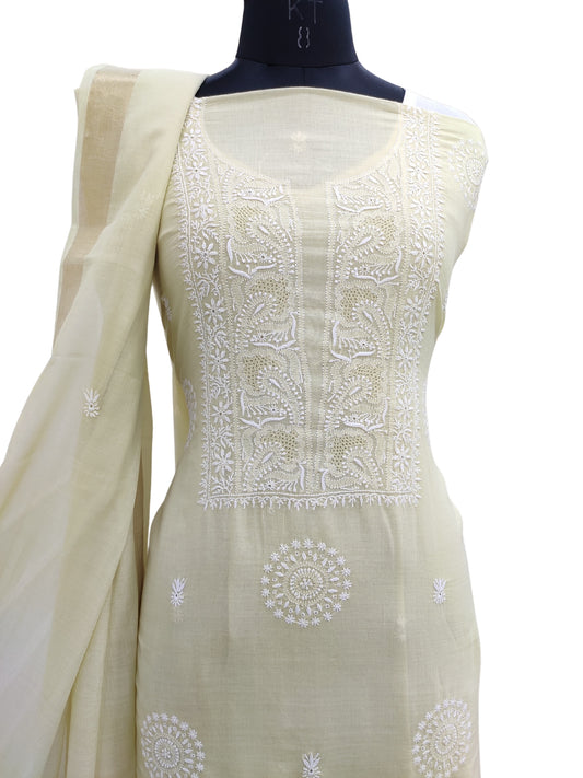 Shyamal Chikan Hand Embroidered Green Mangalgiri Cotton Lucknowi Chikankari Unstitched Suit Piece ( Kurta Dupatta Set ) - S21920