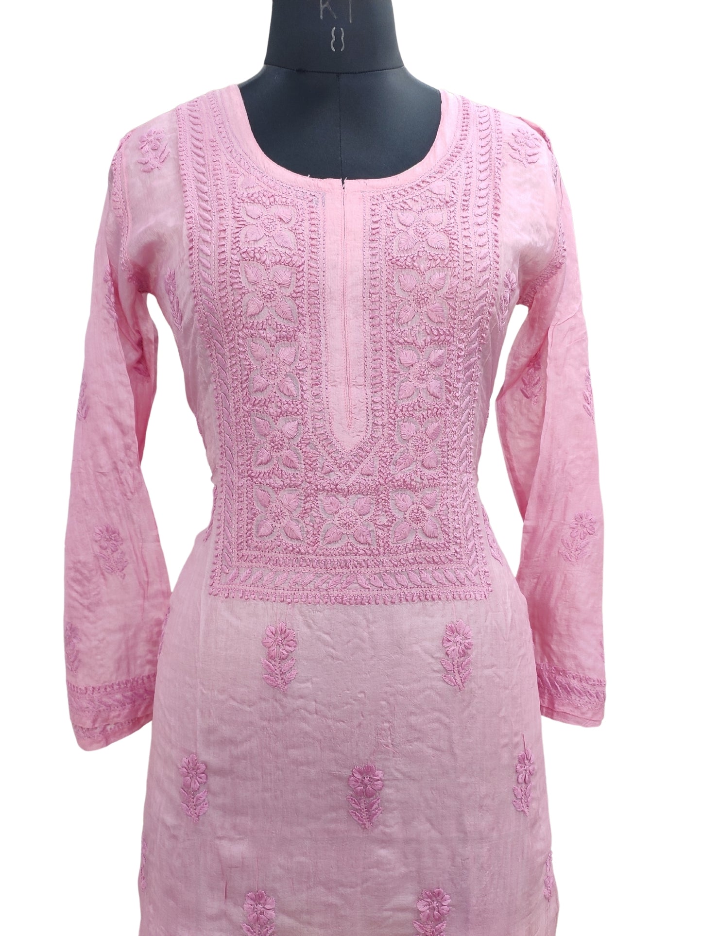 Shyamal Chikan Hand Embroidered Pink Pure Tusser Silk Lucknowi Chikankari Kurti- S24408