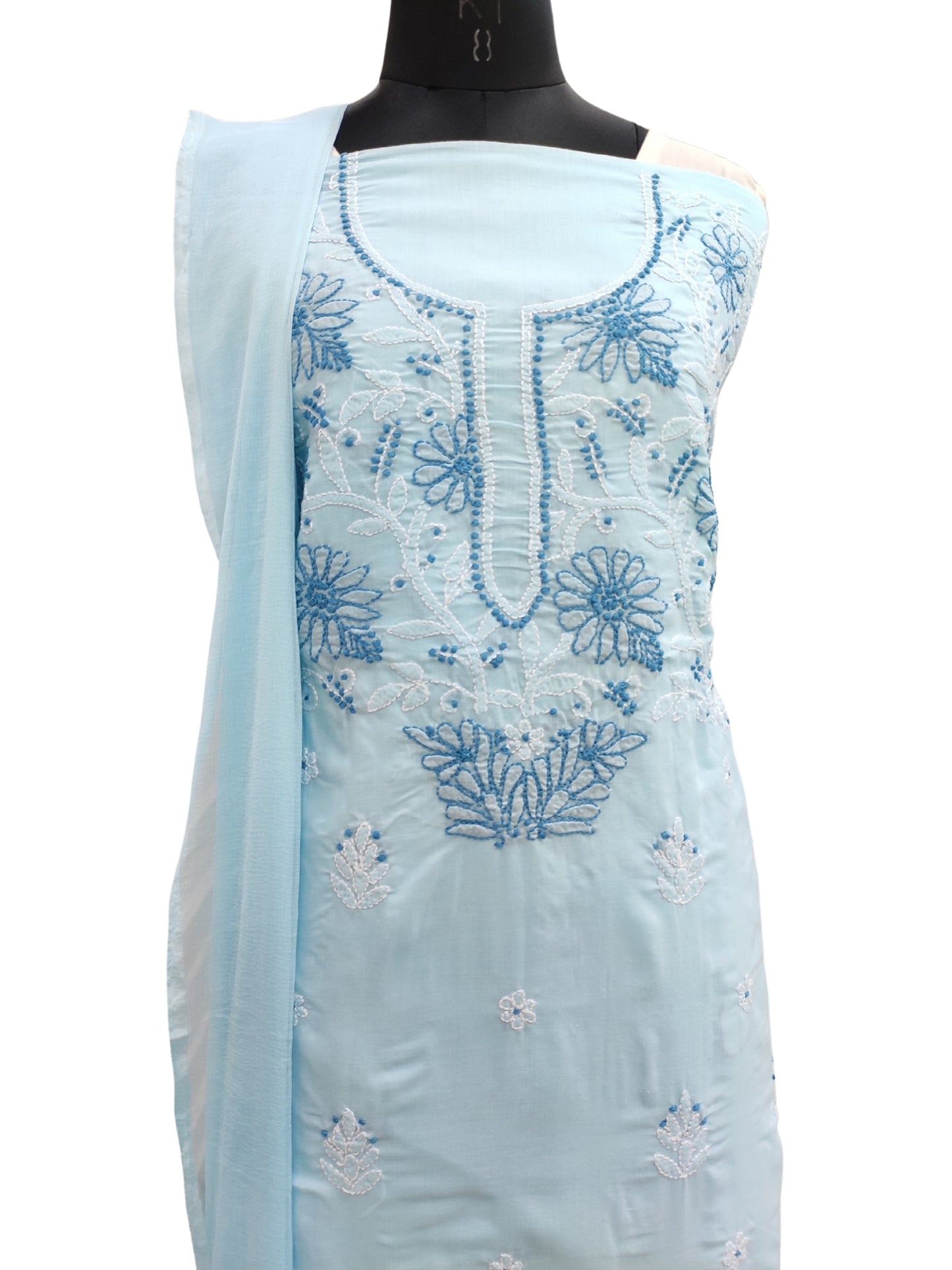 Shyamal Chikan Hand Embroidered Blue Cotton Lucknowi Chikankari Unstitched Suit Piece 24165