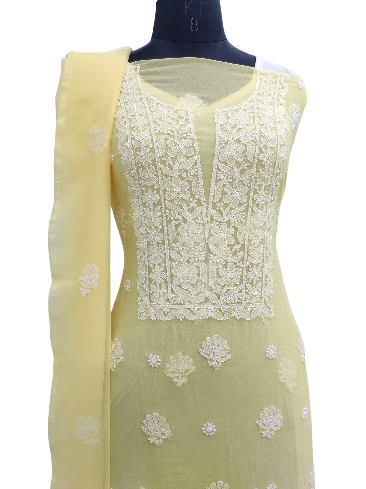 Shyamal Chikan Hand Embroidered Yellow Georgette Lucknowi Chikankari Unstitched Suit Piece - 24008