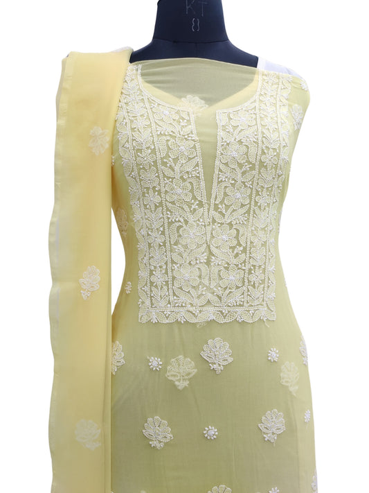 Shyamal Chikan Hand Embroidered Yellow Georgette Lucknowi Chikankari Unstitched Suit Piece - 24008